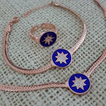 North Star Set Rose Aur Placate Cu Argint 925 Smalț Albastru Star Ring Brățară Colier Set