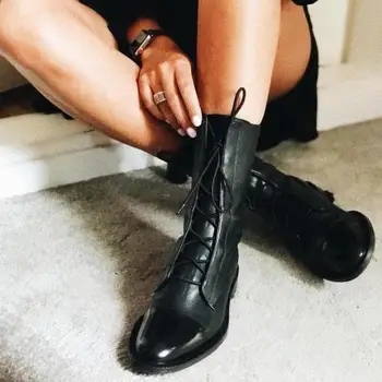 Nou Pantofi Femei Pu Piele Stil Britanic Dantelă-Up Plat Mid-Calf Pantofi Cizme A Subliniat Toe Frumos Motocicleta Cizme Pentru Femei Cizme Pentru Femei