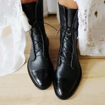 Nou Pantofi Femei Pu Piele Stil Britanic Dantelă-Up Plat Mid-Calf Pantofi Cizme A Subliniat Toe Frumos Motocicleta Cizme Pentru Femei Cizme Pentru Femei