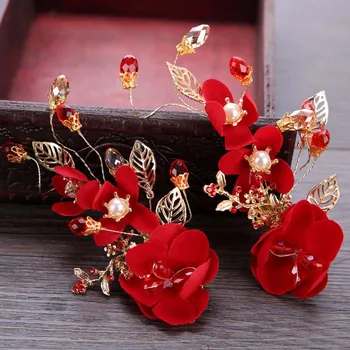 Noua Moda Chineză Floare Roșie Simulate Perla De Cristal De Par Ac De Păr Clip Noiva De Mireasa Mireasa, Voal De Mireasa Decoratiuni Bijuterii