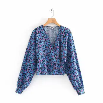 Noua moda femei crucea v gât imprimeu floral casual bluza kimono tricouri femei cu maneci lungi elegant dantela-up combinezon blusa topuri LS6264
