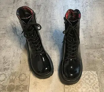 Noua Moda Stil European Negru Glezna Cizme Rotund Toe Negre din Dantela-up Cizme Femeie Platforma Pantofi de Piele de Brevet Zip Cross-legat
