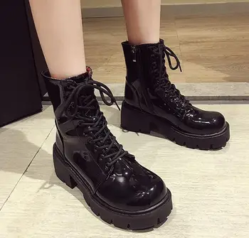 Noua Moda Stil European Negru Glezna Cizme Rotund Toe Negre din Dantela-up Cizme Femeie Platforma Pantofi de Piele de Brevet Zip Cross-legat