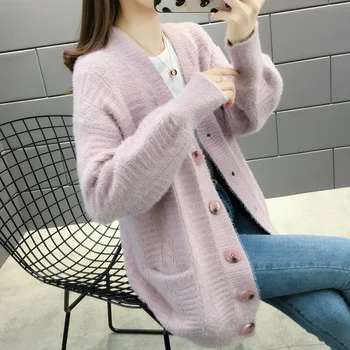 Noul femeii Pulover Roșu Roz V-gât Pulover de Lână Cardigan Toamna Haina de Iarna Femei coreeană de Moda Casual Tricot Pulover Femei XL