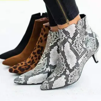NOUĂ Femei Glezna Cizme Leopard Femei Subliniat Toe Doamnelor Indesata Toc Femeie Pantofi pentru Femeie Încălțăminte Plus Dimensiune 35-43 Șarpe