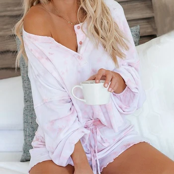 Nouă Femei Tie Dye Tipărite Zburli Scurt Set de Pijama cu Maneca Lunga Topuri și pantaloni Scurți PJ Set Body îmbrăcăminte de noapte Plus Dimensiune Sleepwear