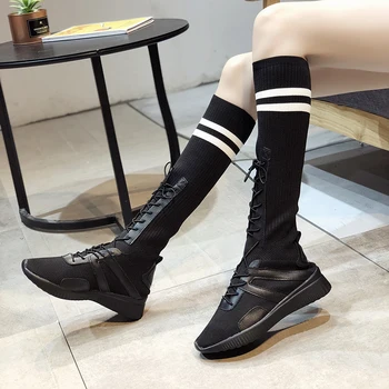 Nouă Femei Șosete Cizme 2020 Genunchi Ridicat Cizme Lungi a Coapsei Cizme Înalte Elastic Slim Adidași pantofi de designer femei Alb-Negru 35-40 Ue