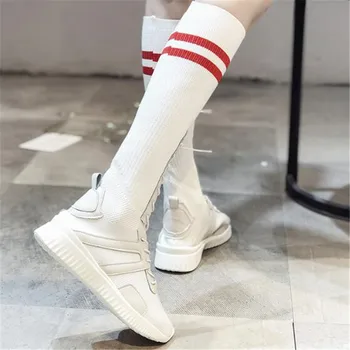Nouă Femei Șosete Cizme 2020 Genunchi Ridicat Cizme Lungi a Coapsei Cizme Înalte Elastic Slim Adidași pantofi de designer femei Alb-Negru 35-40 Ue