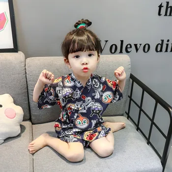 Orientale Japoneze în Stil Tradițional Yukata pentru Copii Pijamale Fete Pijamale de Bumbac Confortabil de Desene animate Drăguț Kimono Jinbei Set