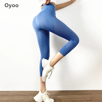 Oyoo 2020 Înaltă Talie Pantaloni de Yoga Albastru fără Sudură Jambiere Burtica Control Yoga Capris pentru Femei 3/4 Lungime Atletic Fitness Jambiere