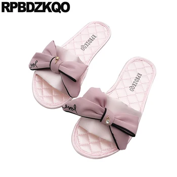 Papion Kawaii Visiniu Roz Din Satin Frumos Drăguț Alunecare Pe Pantofi De Designer Pentru Femei Sandale Plate Vara 2019 Aur Papuci De Casă Arc Diapozitive Carouri