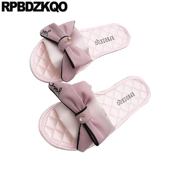 Papion Kawaii Visiniu Roz Din Satin Frumos Drăguț Alunecare Pe Pantofi De Designer Pentru Femei Sandale Plate Vara 2019 Aur Papuci De Casă Arc Diapozitive Carouri