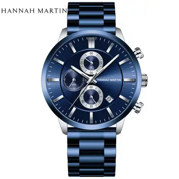 Picătură de Transport maritim 2020 Noua Moda Albastru Inchis HANNAH MARTIN Barbati din Oțel Inoxidabil Ceasuri Multi-funcția de Calendar Cuarț Ceas Pentru Bărbați