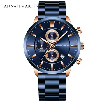 Picătură de Transport maritim 2020 Noua Moda Albastru Inchis HANNAH MARTIN Barbati din Oțel Inoxidabil Ceasuri Multi-funcția de Calendar Cuarț Ceas Pentru Bărbați