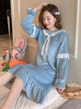 Pijamale Femei Rochie de Toamna Coral Fleece Homewear Maneca Lunga coreean Primavara Flanel Dulce Drăguț Cămașă de noapte pentru Femei de Iarnă f2734