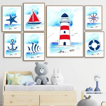 Plajă La Marea Navă De Pește Stea De Mare Ancora Far Arta De Perete Panza Pictura Nordică Postere Si Printuri Poze De Perete Decor Camera Pentru Copii