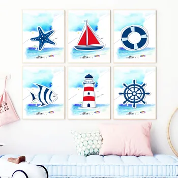 Plajă La Marea Navă De Pește Stea De Mare Ancora Far Arta De Perete Panza Pictura Nordică Postere Si Printuri Poze De Perete Decor Camera Pentru Copii