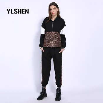 Plus Dimensiune 2 Două Piese Seturi De Femei Leopard Îmbinat Tricoul Lungime De Glezna Rău Pantaloni Costume Femei Treninguri Hanorace Haine 2020
