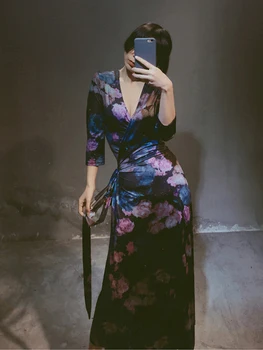 Plus Dimensiune Chinoiserie Rochie de Seara dintr-O bucata Centura Sexy V-Neck Negru Violet Floare de Imprimare Femei Formale Rochii Mâneci Complete Halat