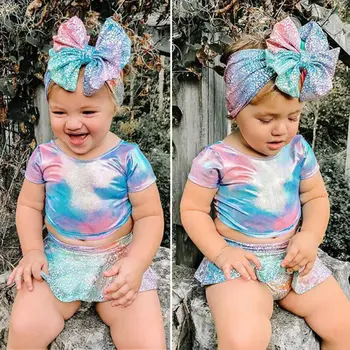 Pudcoco Mai Nou Moda De Copil Baby Girl Haine Multicolore De Imprimare De Costume De Baie Costume De Baie De Sus Pantaloni Scurți De Plajă, Îmbrăcăminte+Headband Set De Bikini