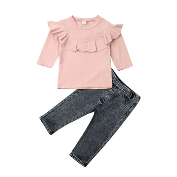 Pudcoco Moda pentru Copii Haine pentru Copii Fete Roz cu Maneca Lunga Volane Topuri Pantaloni din Denim 2 buc Toamna Iarna Haine Set Haine 1-6Y