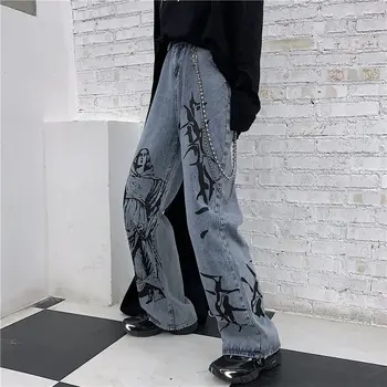 QWEEK Harajuku Femei Blugi Pantaloni Streetwear Imprimare Hippie Pantaloni din Denim pentru Femei Stil coreean Largi Picior Pantaloni Vintage Pantaloni Largi