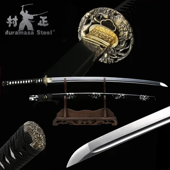 Real Japoneze Katana Oțel Arc Lama Full Tang Ascuțite Gata De Luptă Manual Sabie De Samurai Negru-Teaca Lemn -Alb/Negru