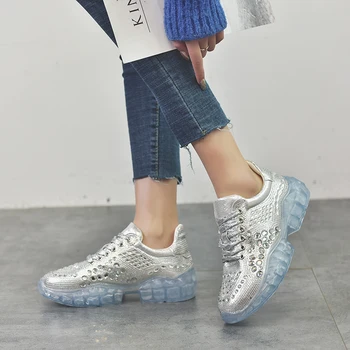 Rimocy stralucind argintiu cristal adidasi femei 2019 moda toamna pietre platforma pantofi casual femei din piele de mers pe jos de apartamente