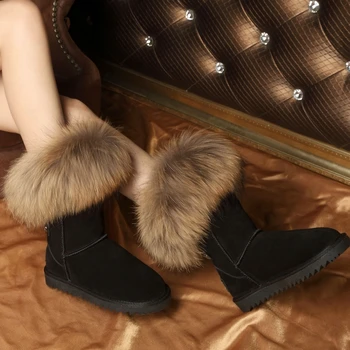 RUIYEE doamnelor cizme înalte, cizme din piele supradimensionate blană de vulpe cizme lungi cizme femei 2018 nou piele cizme de zăpadă
