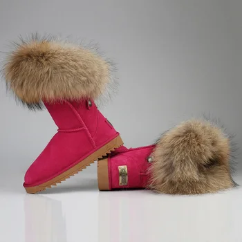 RUIYEE doamnelor cizme înalte, cizme din piele supradimensionate blană de vulpe cizme lungi cizme femei 2018 nou piele cizme de zăpadă