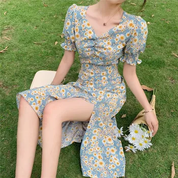 Scurt Mânecă Rochie Femei de Vară Florale Daisy Puff mâneci fantă Laterală V-neck Proaspete Fete Elegante-rochii Preppy-stil coreean Noi BF