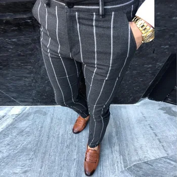 Sfit Mens Chinos Slim Fit Skinny Pentru Barbati Chino Pantaloni Carouri Design De Moda Gri Cu Dunga Casual Pantaloni De Culoare Solidă