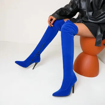 Sianie Tianie albastru rosu turma subliniat toe super tocuri subtiri de mare de femei cizme coapsei cizme stretch femei over-the-genunchi cizme