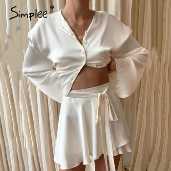 Simplee alb Elegant rochie din două piese O-linie O-Gât lace up confortabile pentru Femei rochie sexy de club de noapte acasă rochie Toamna iarna 2020 nou