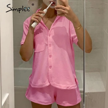 Simplee Două piese casual solid costum de Vara pentru femeie buzunar alb t-shirt, pantaloni scurți de Moda streetwear butoane roz pijama seturi pentru femei
