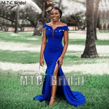 Sirena Albastru Regal Femeile Africane Rochii De Domnisoare De Onoare Fantă Laterală De Pe Umăr Strălucitoare Plus Dimensiune Sequin Oaspete De Nunta Rochie Rochie Lungă