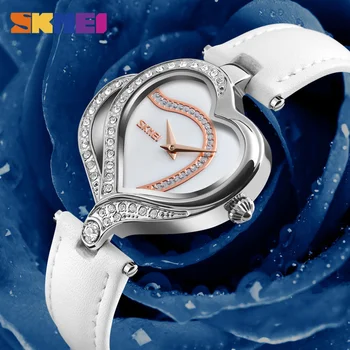 SKMEI Forma de Inima Femei Cuarț Ceas Brățară din Piele Neagră rezistent la apa Creativitatea Doamnelor Ceas cu Diamante Pentru Femei Reloj Mujer