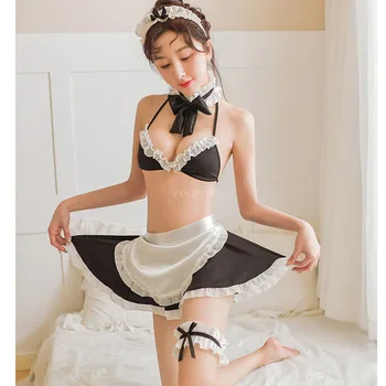 Soarta/Comanda Mare Sabie Costume Cosplay Anime Uniformă De Menajeră Femei Lenjerie Sexy Bikini Dormit Sutien Șorț Fusta Picior Set Inel