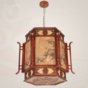 Stil chinezesc de cafea din lemn de artă Candelabru Prin sculptate pergament galben interioară E27 lampă cu LED-uri pentru verandă&culoar&pridvor MYR050