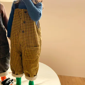 Stil Coreean De Iarna 2020 Băieți Și Fete Fleece Gros Carouri Salopete Copii Copii Vrac Gros Cald Casual Pantaloni Suspensor