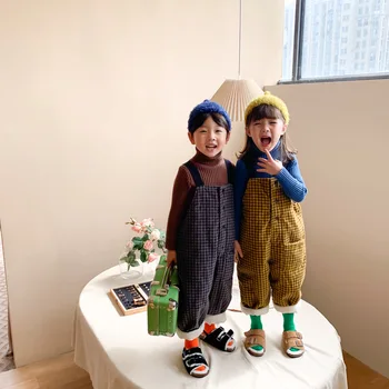 Stil Coreean De Iarna 2020 Băieți Și Fete Fleece Gros Carouri Salopete Copii Copii Vrac Gros Cald Casual Pantaloni Suspensor