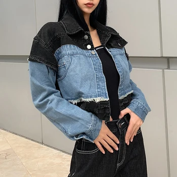 Streetwear Albastru Negru Patch-uri cu Franjuri pentru Femei Toamna Iarna Bomber Y2k Blugi Sacou Feminin 2020 New Vintage Denim Haina Îmbrăcăminte exterioară