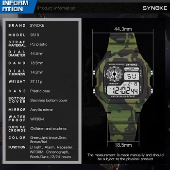 SYNOKE Sportului Militar Copii Ceasuri de Camuflaj Impermeabil Ceas de mână Electronic Oprire Ceas de Ceas Copii Băieți Ceas Digital
