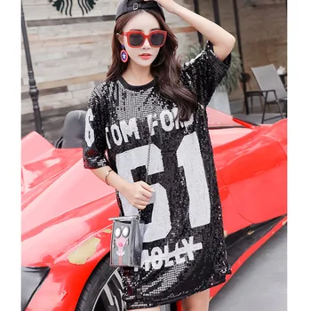T-shirt de sex Feminin cu Mânecă Scurtă Sălbatice Liber 2019 Primăvară Tricou cu Paiete, Vara Gât Rotund Casual Moda Doamnelor Litera T-Shirt de Sus