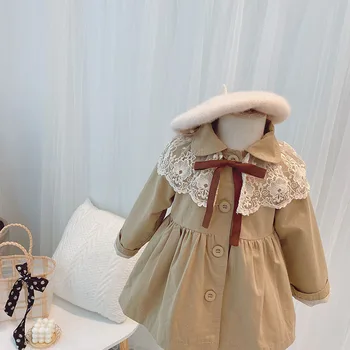Toamna Copii Solid Dantelă Guler Rever Canadiană Șanț Fete de Îmbrăcăminte exterioară pentru Copii Princess Jachete Paltoane casaco infantil menina