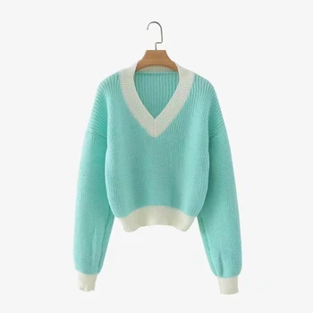 Toamna cu maneci lungi crop top pentru femei pulovere tricot kawaii trunchiate pulovere pulovere sexy Korean epocă drăguț pulover v neck Toamna