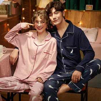 Toamna Iarna Bumbac Cuplu Set de Pijama Desene animate cu Maneci Lungi Guler de Turn-down Femei Pijamale Largi Moale Plus Dimensiune Bărbați Pijamale