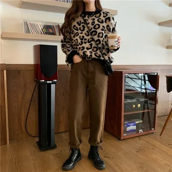 Toamna Iarna Chic Leopard Pulovere Femei de Moda de Epocă Vânt Leneș Harajuku Pierde Toate-meci Tricotate Ullzang Pulovere pentru Fete