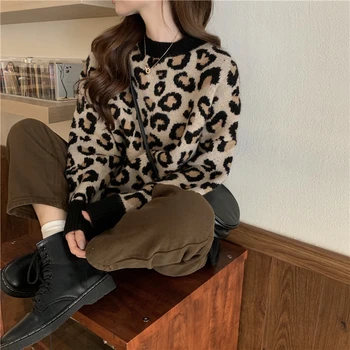 Toamna Iarna Chic Leopard Pulovere Femei de Moda de Epocă Vânt Leneș Harajuku Pierde Toate-meci Tricotate Ullzang Pulovere pentru Fete
