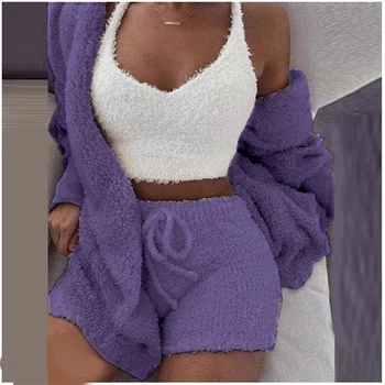 Toamna Iarna Pluș Pijamale Femei Casual Cu Maneci Lungi Robe Vesta Pantaloni Scurți 3 Piece Set De Haine De Acasă